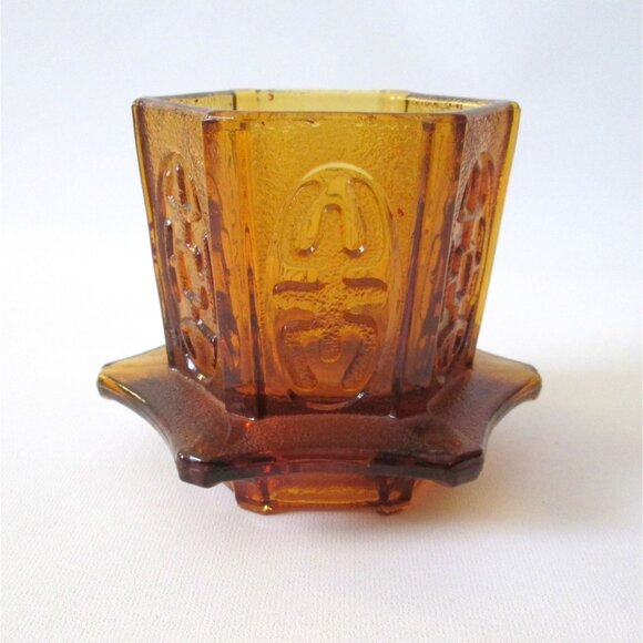 Vintage Amber Glass Fairy Light Chinese Pagoda Candle Holder Possibly LE Smith - Picture 5 of 11
